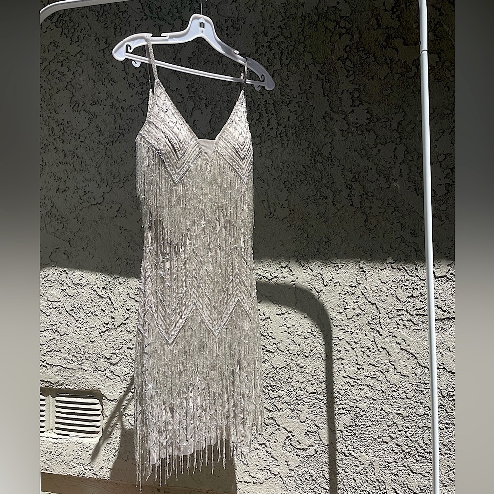 Silver Beaded Fringe Mini Dress - Elegant V-Neck Party Dress